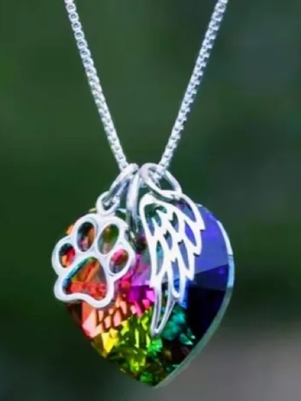 Crystal Heart Silver Tone Necklace With Pet Paw And Angel Wing Charms